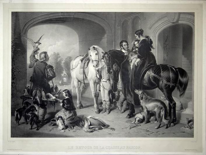Jean-Baptiste Adolphe Lafosse (1810-1879), Le Retour de la Chasse au Faucon, Lithografie nach Landse