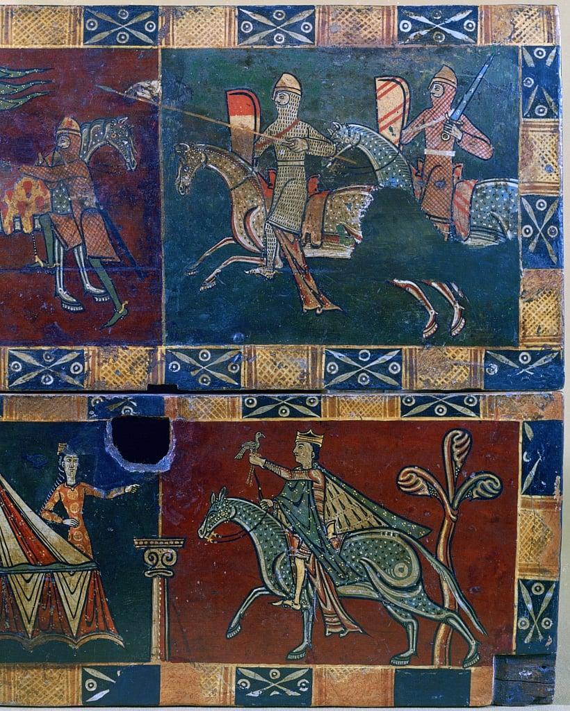 Knights on horseback and king with a falcon, 12th century 