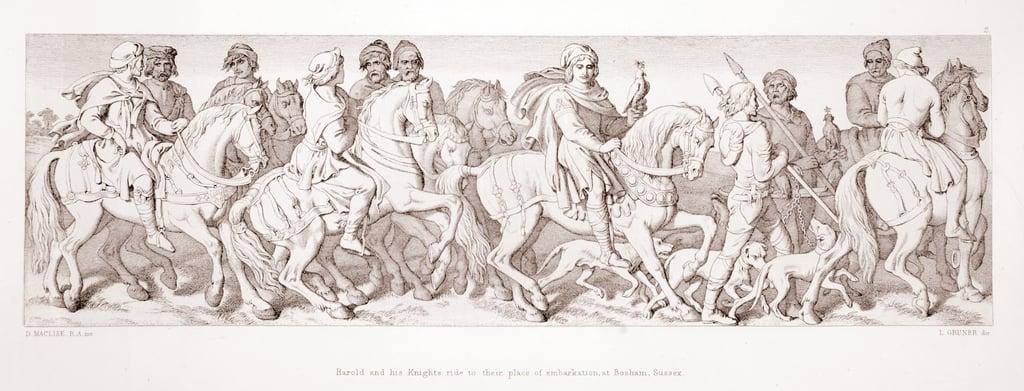Harold and his knights ride to their place of embarkation, at Bosham, Sussex, from 'The Story of the