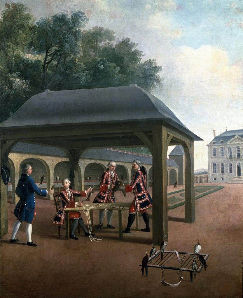 Falconry breeding falcons for hunting. Painting of the French school of the 18th century. Versailles