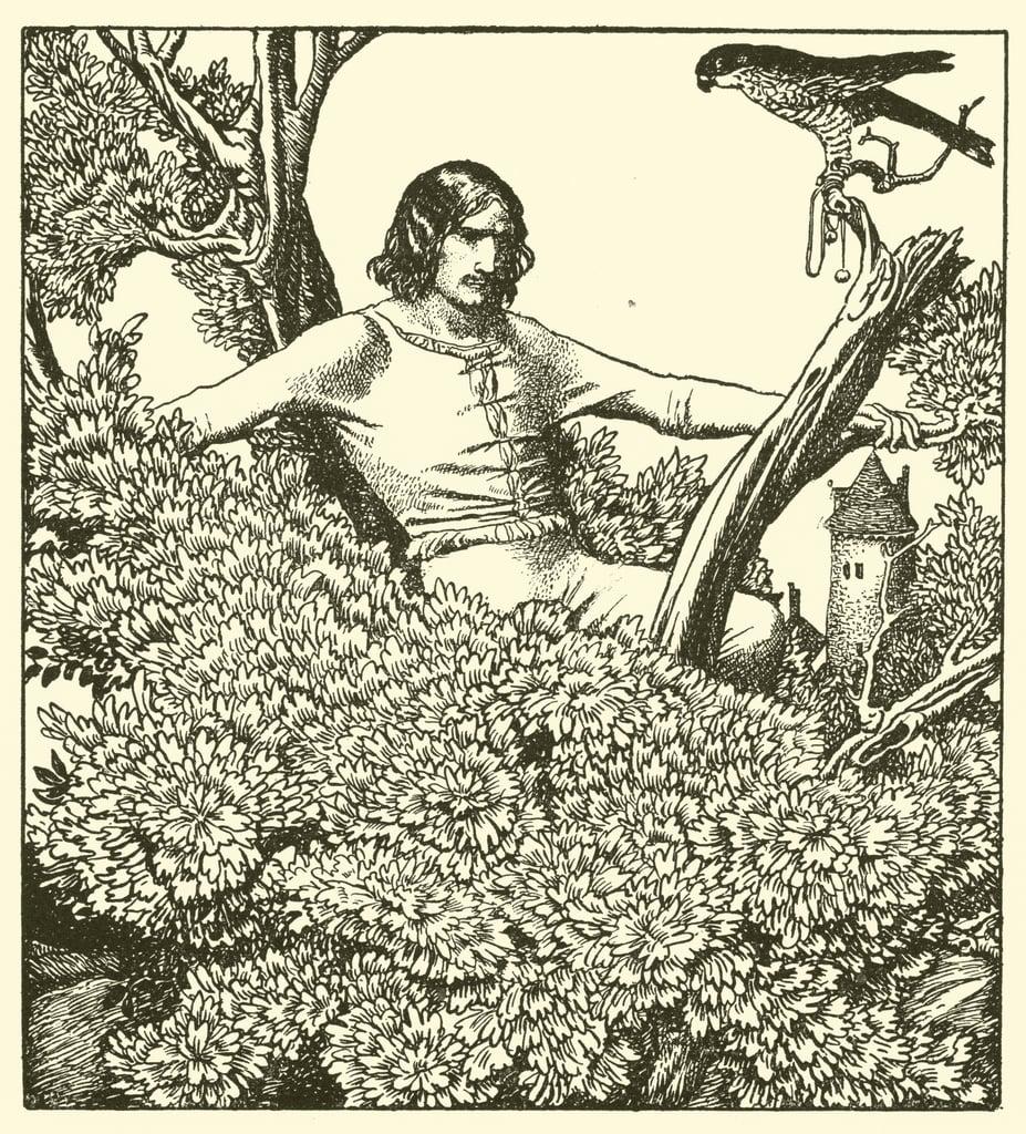 Sir Launcelot climbs to catch the ladys falcon 