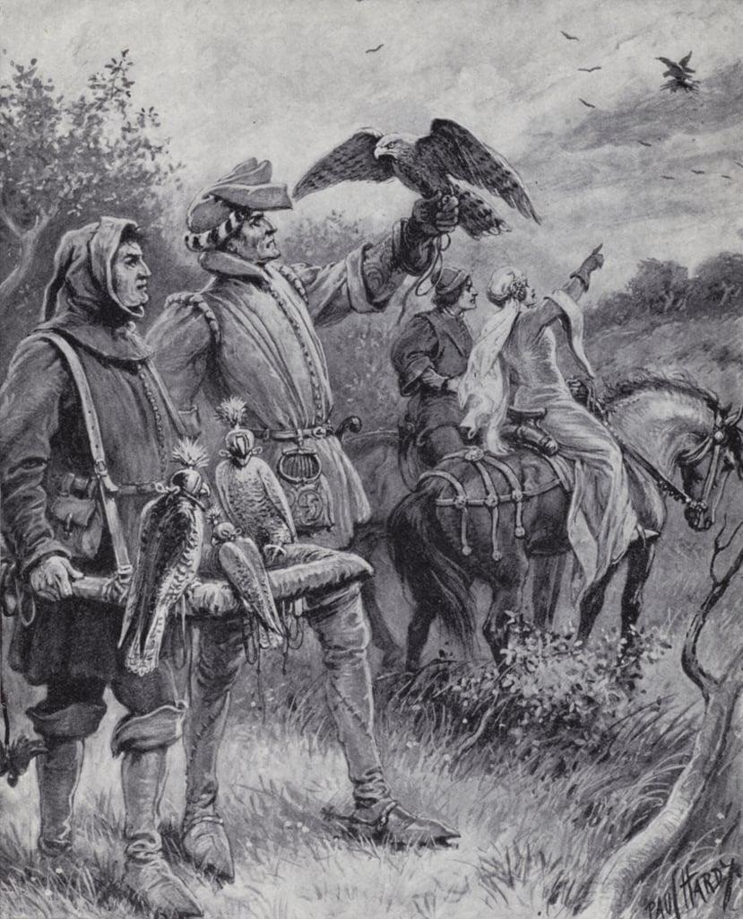 Falconry in the Middle Ages (litho) after Paul Hardy