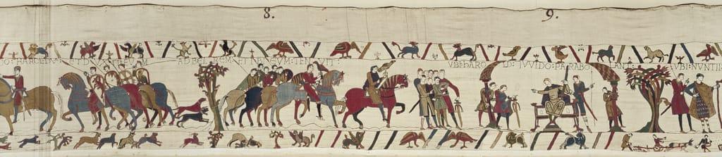 Guy of Ponthieu takes Harold as prisoner to the castle of Beaurain, Bayeux Tapestry (wool embroidery