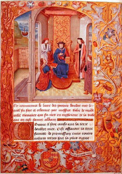 Ms 95 Fol.1 The Author offering his book to the Duke of Burgundy, from the Armorials of Adolphe de C